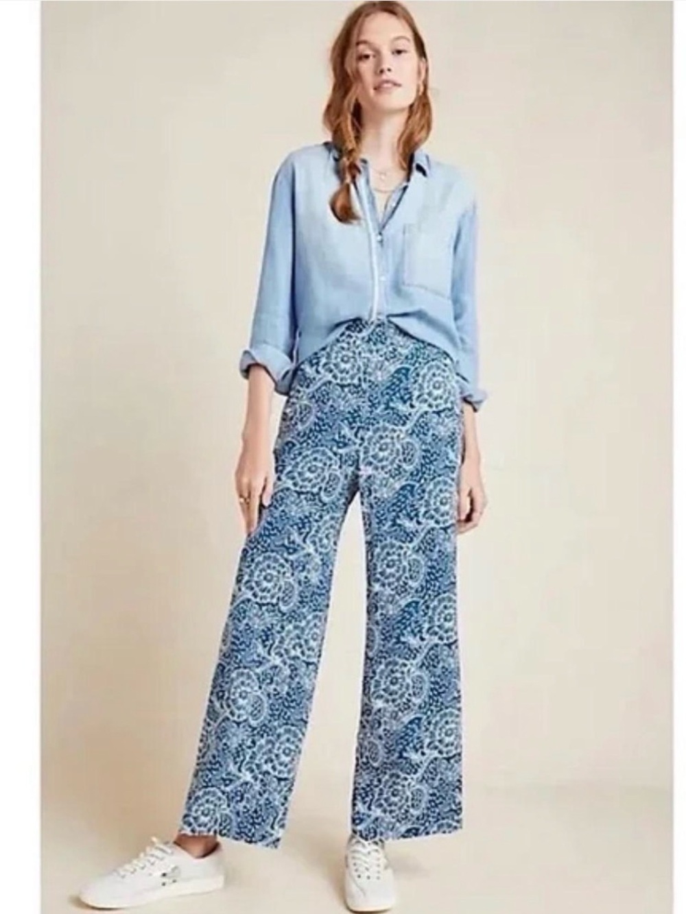 Maeve Navy and White Paisley Wide-Leg Pants